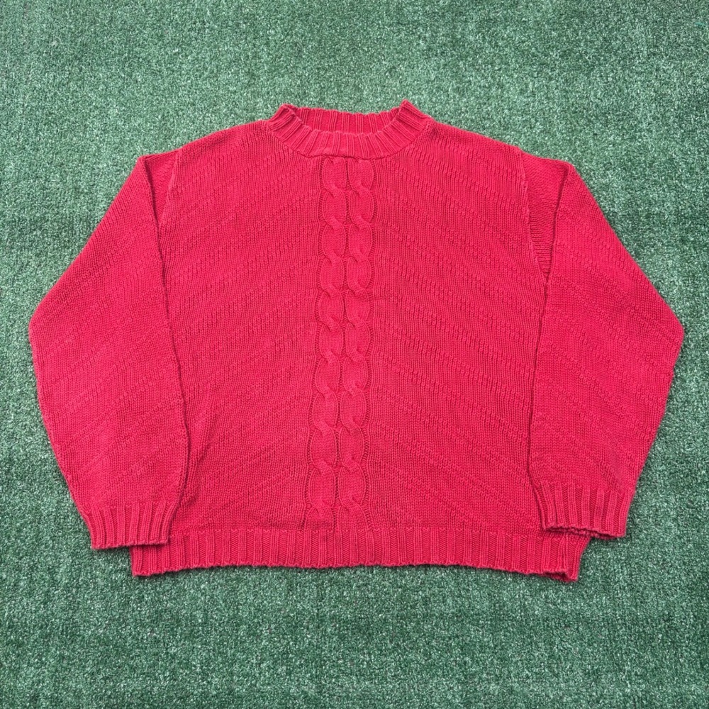 Vintage Studio Works Sweater Red Cable Knit Cotton Made in USA
